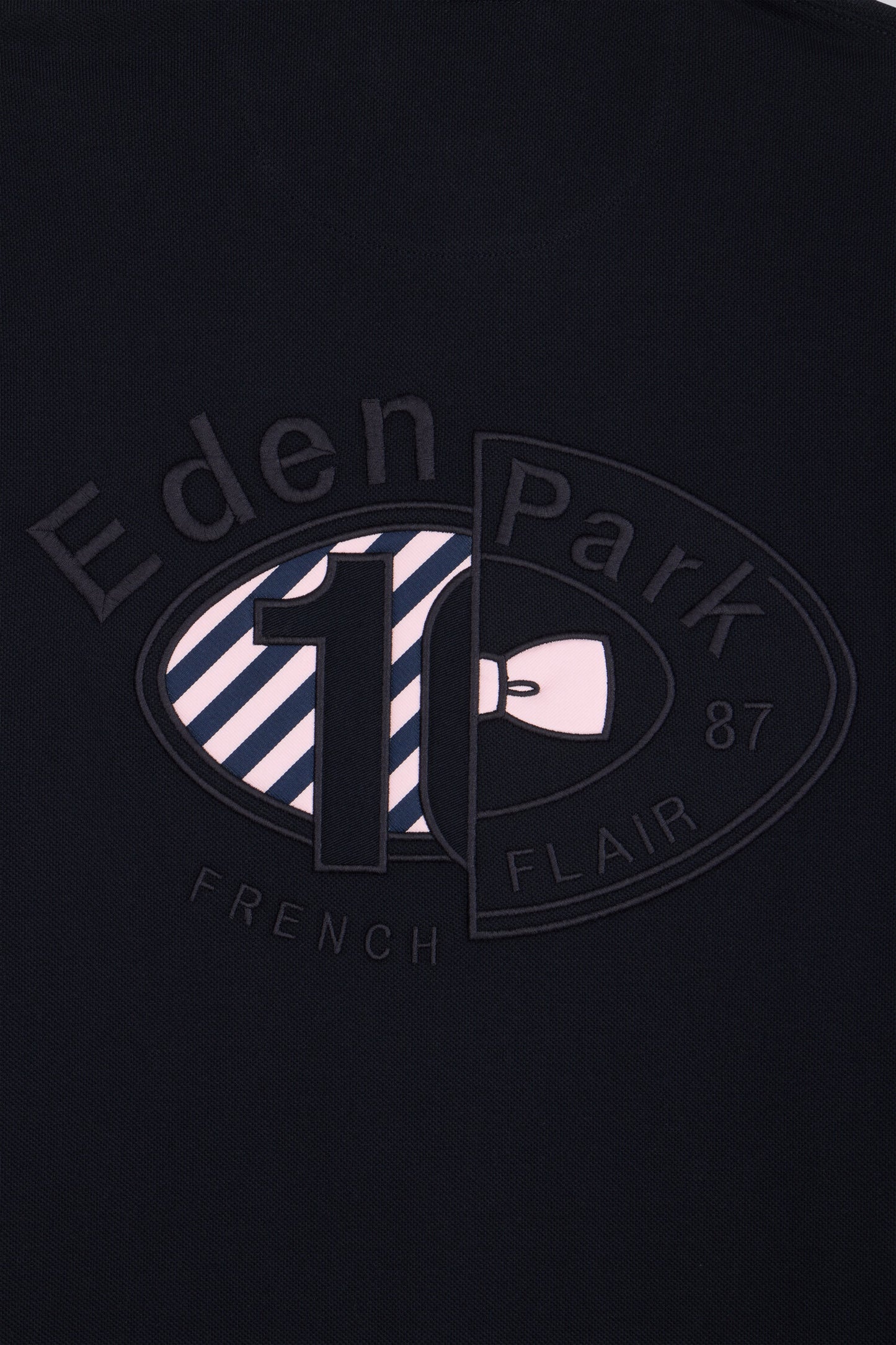 Polo à manches longues en piqué coton marine broderie dos