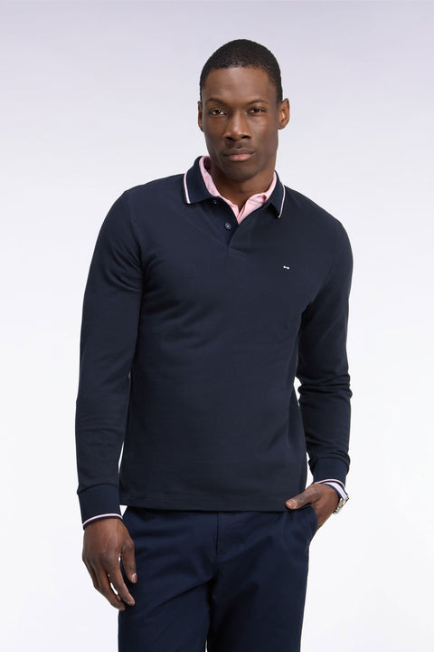 Polo à manches longues en piqué coton marine à liseré rose broderie dos - Image 3