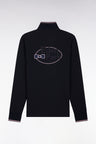 Long-sleeved polo shirt in navy cotton pique with pink piping and embroidery on the back