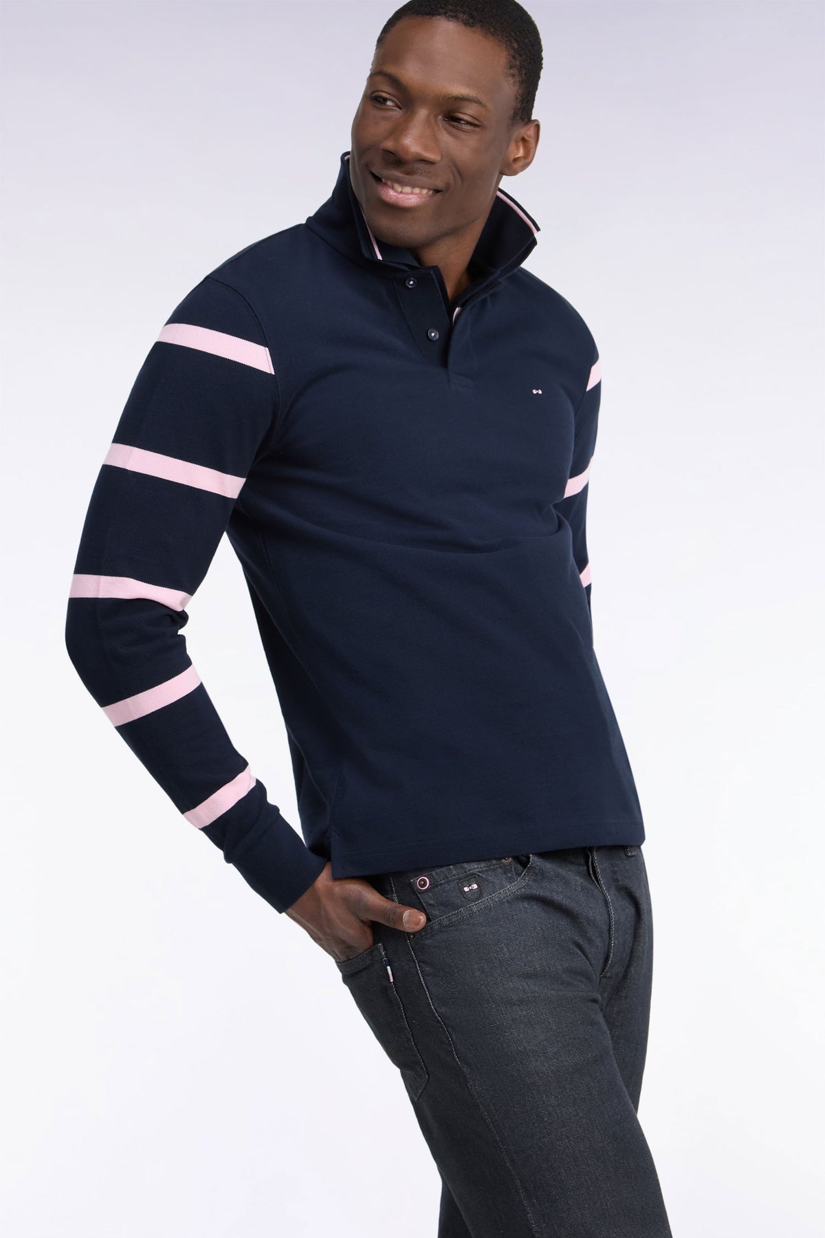 Long-sleeved striped polo shirt in navy cotton pique straight cut