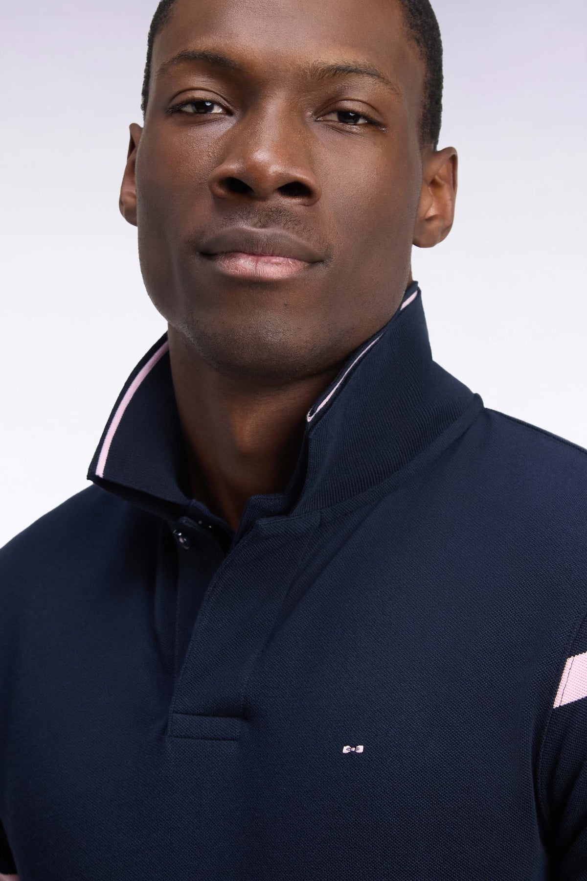 Long-sleeved striped polo shirt in navy cotton pique straight cut
