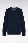 Round neck sweater in blue wool and cotton, straight cut