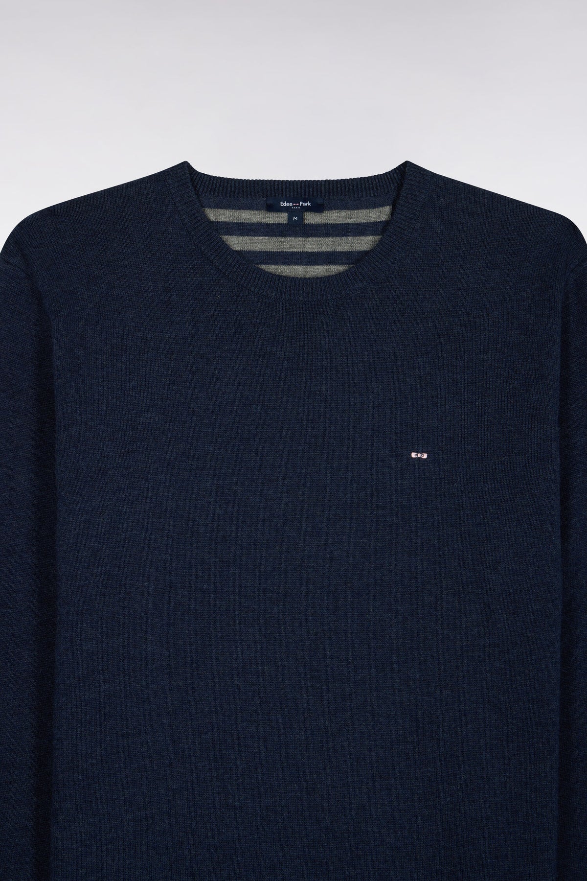 Round neck sweater in blue wool and cotton, straight cut