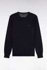 Round neck sweater in navy wool and cotton, straight cut