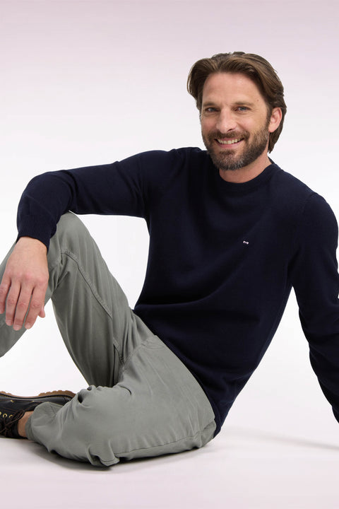 Pull col rond en laine et coton marine coupe droite - Image 1