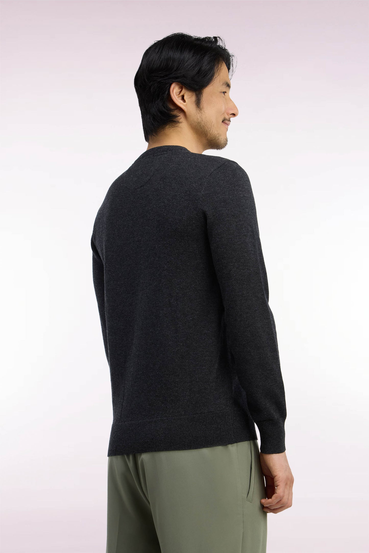 Pull col rond en laine et coton gris anthracite coupe droite
