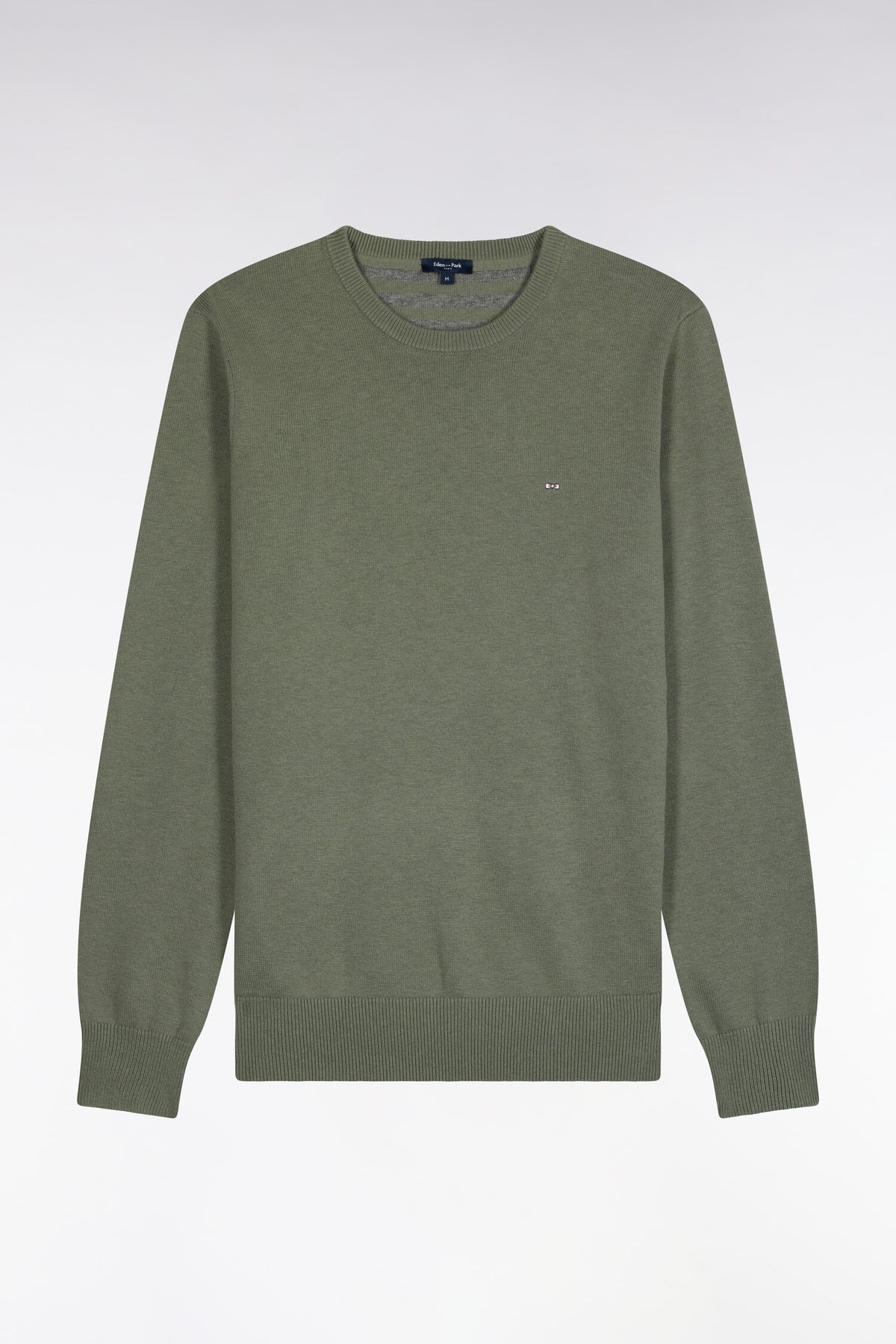 Round neck sweater in olive green wool and cotton, straight cut