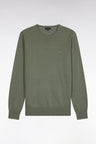 Pull col rond en laine et coton vert olive coupe droite