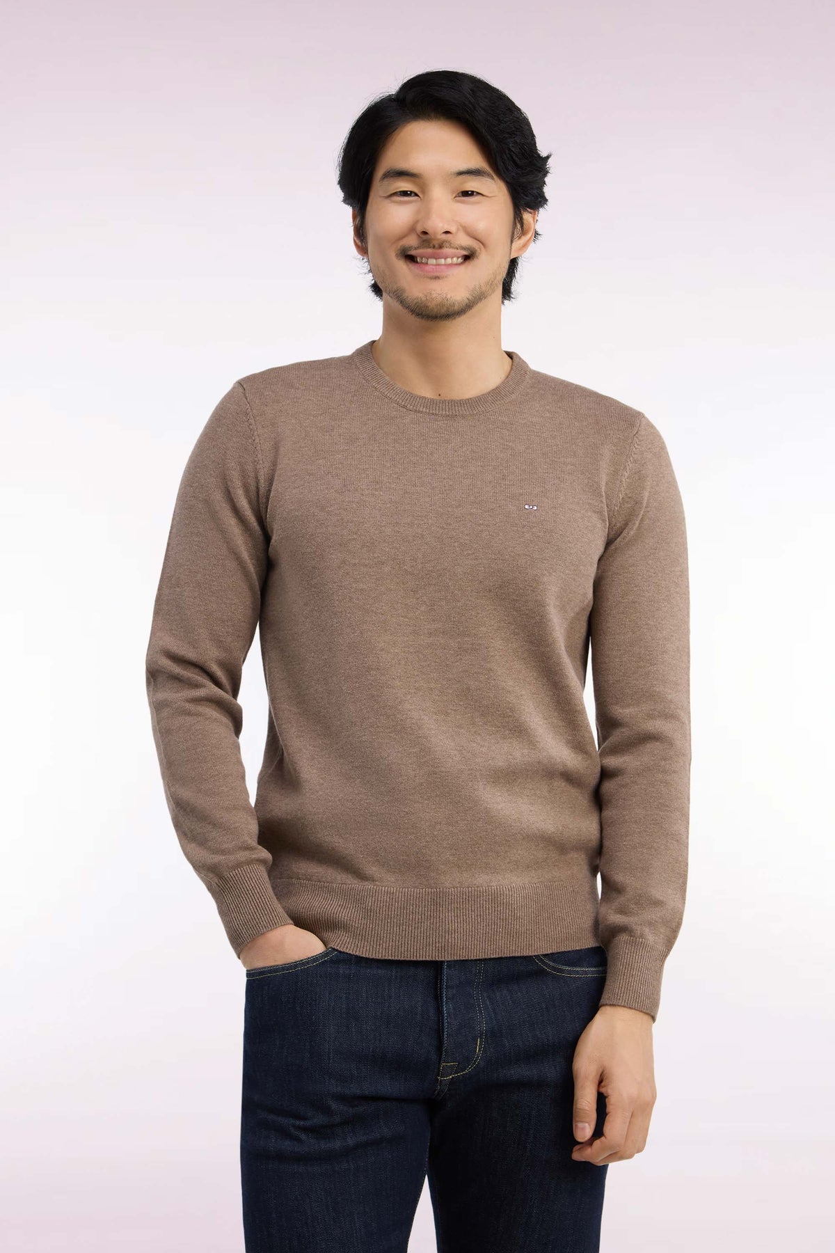 Pull col rond en laine et coton marron coupe droite