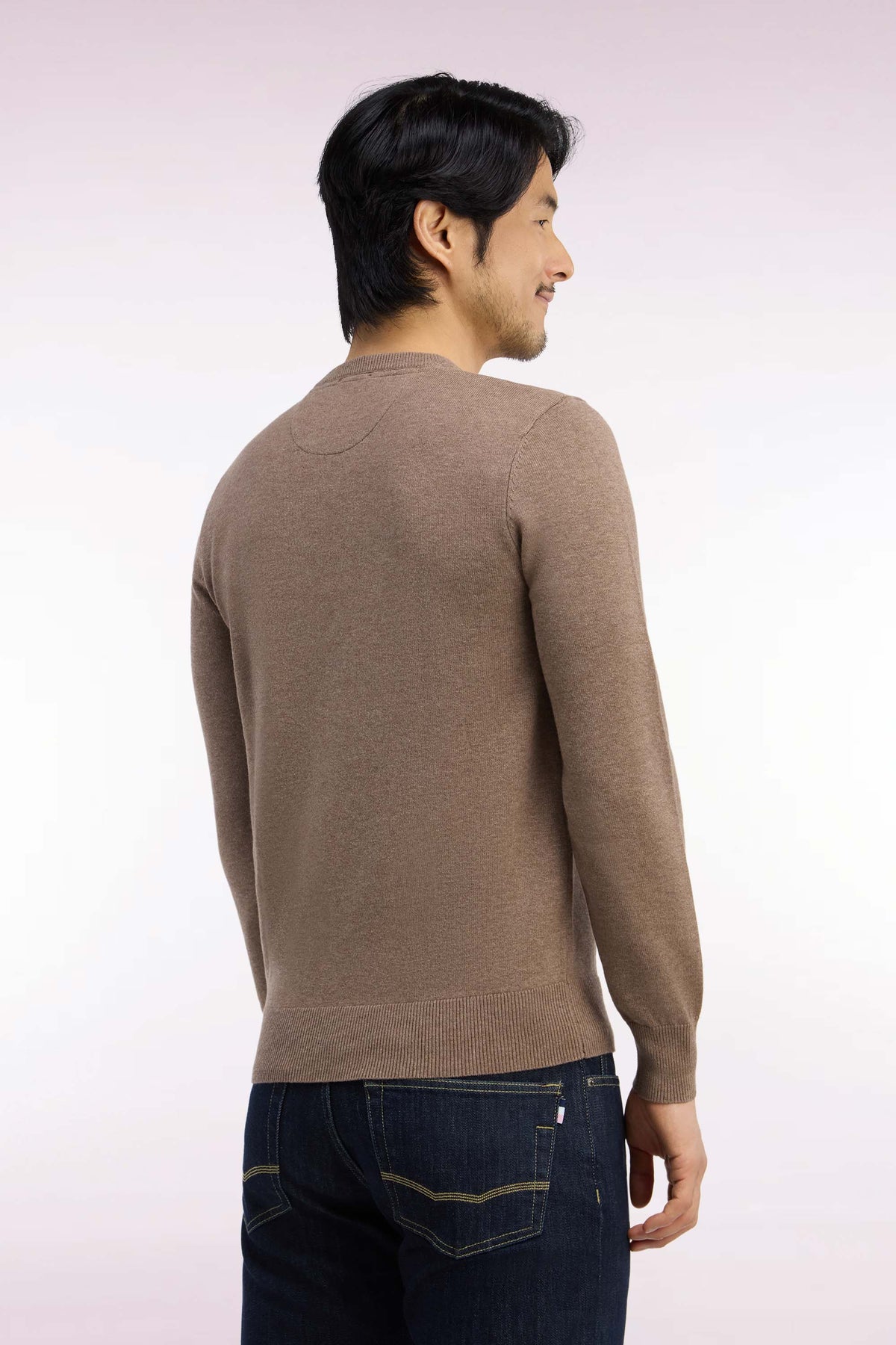 Pull col rond en laine et coton marron coupe droite