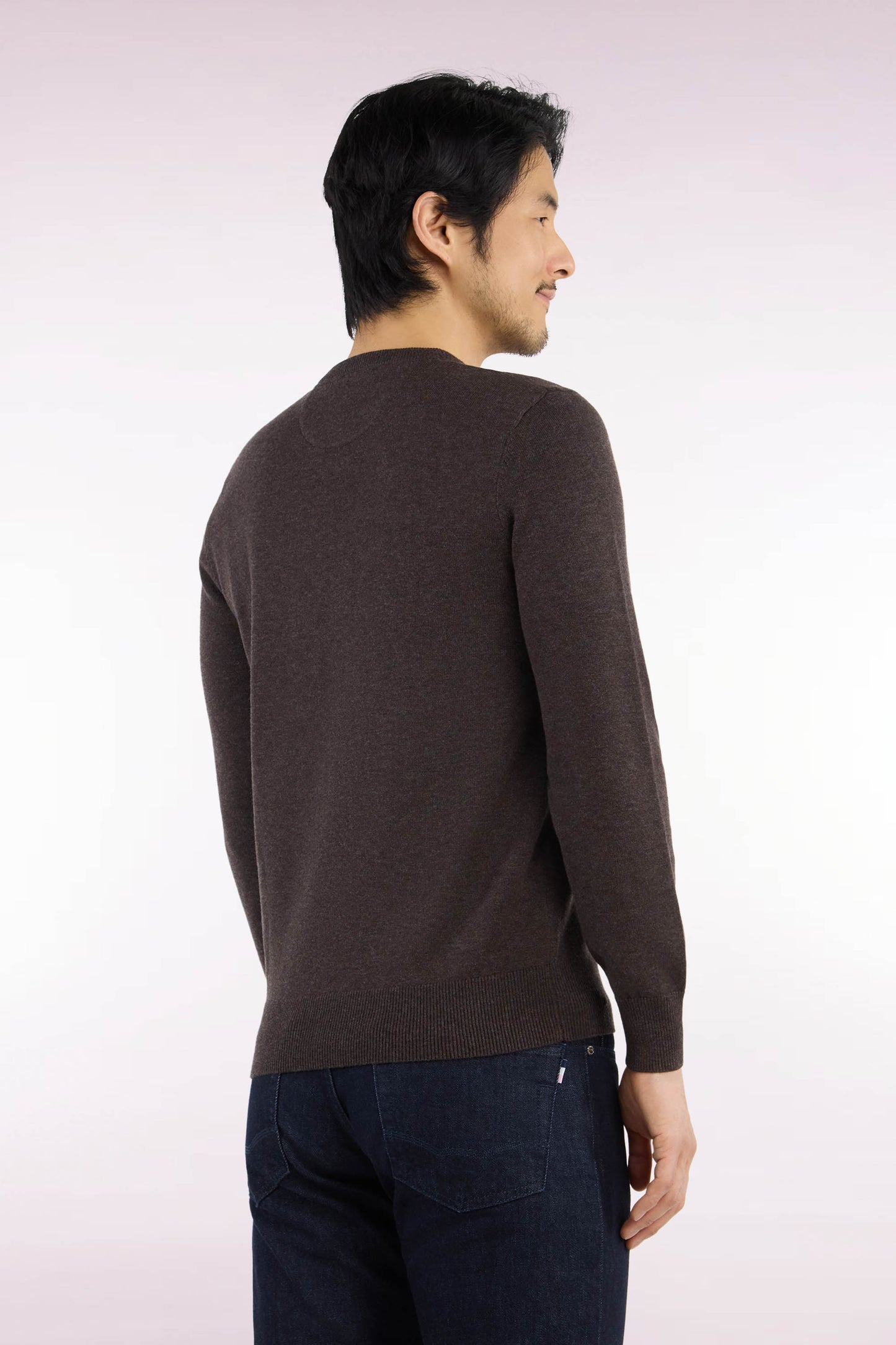 Pull col rond en laine et coton marron coupe droite