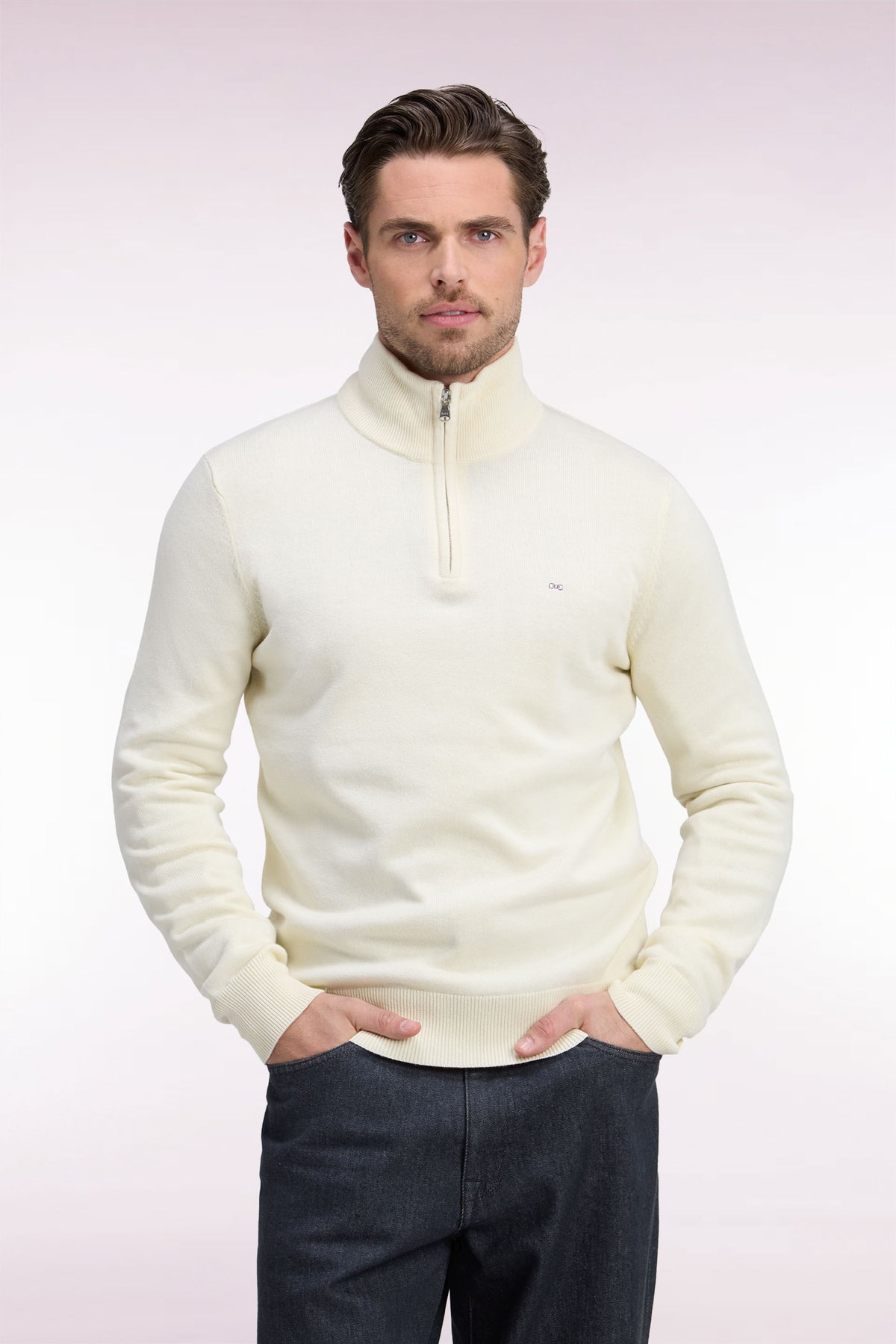 Straight cut wool and ecru cotton trucker neck sweater