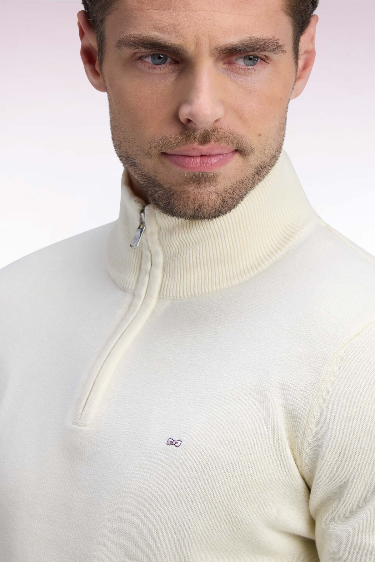 Straight cut wool and ecru cotton trucker neck sweater
