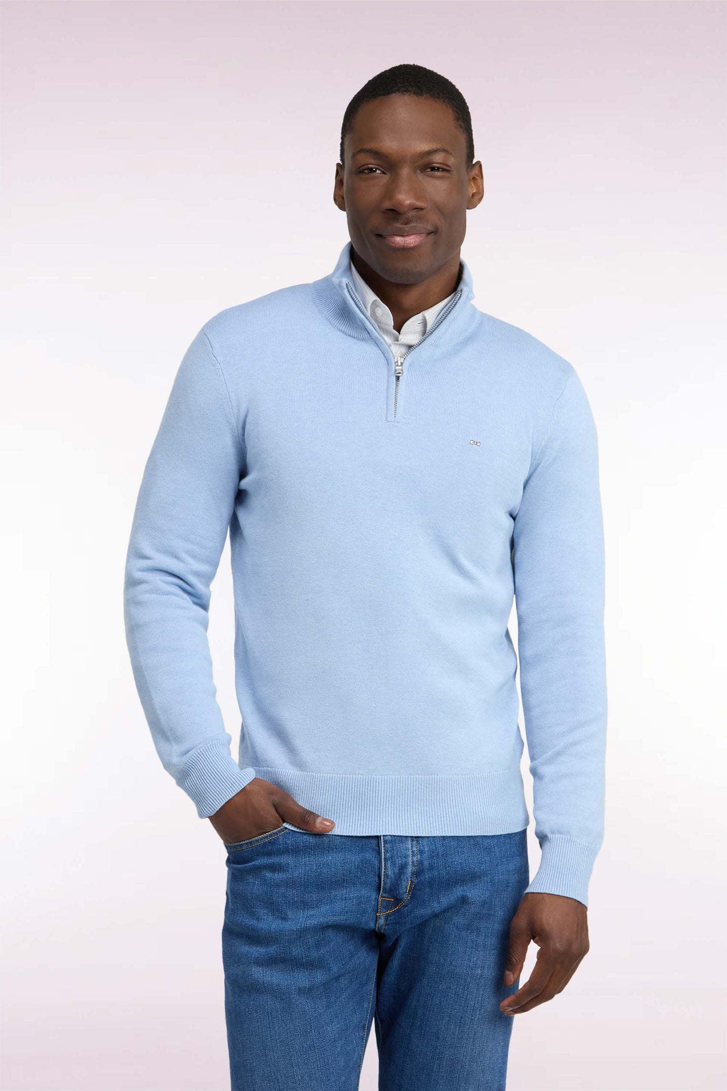 Pull col camionneur en laine et coton ciel coupe droite