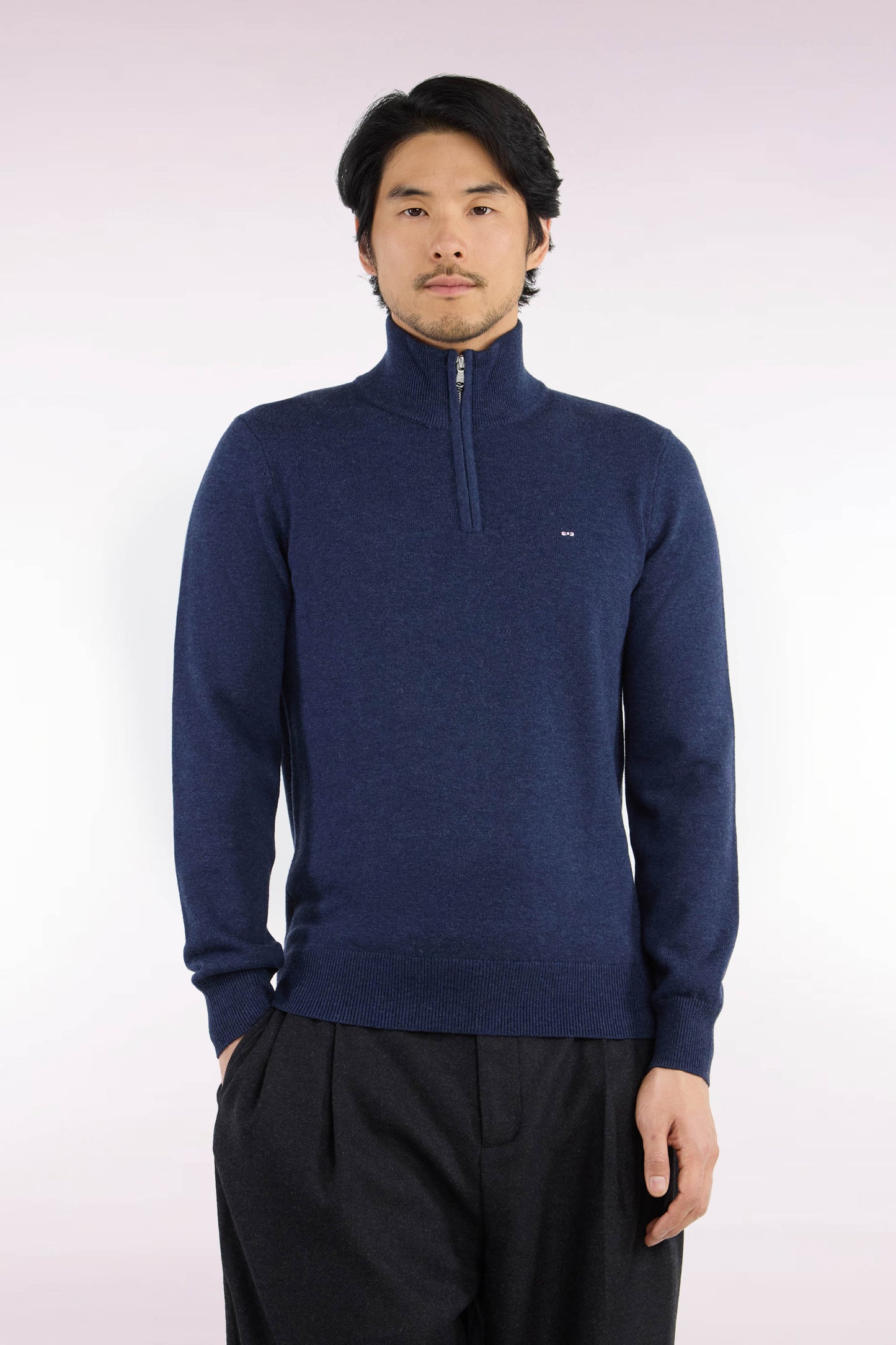 Pull col camionneur en laine et coton bleu coupe droite