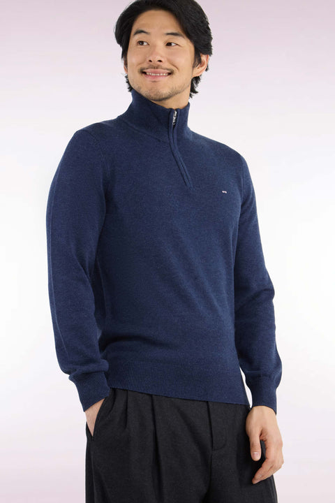 Pull col camionneur en laine et coton bleu coupe droite - Image 1