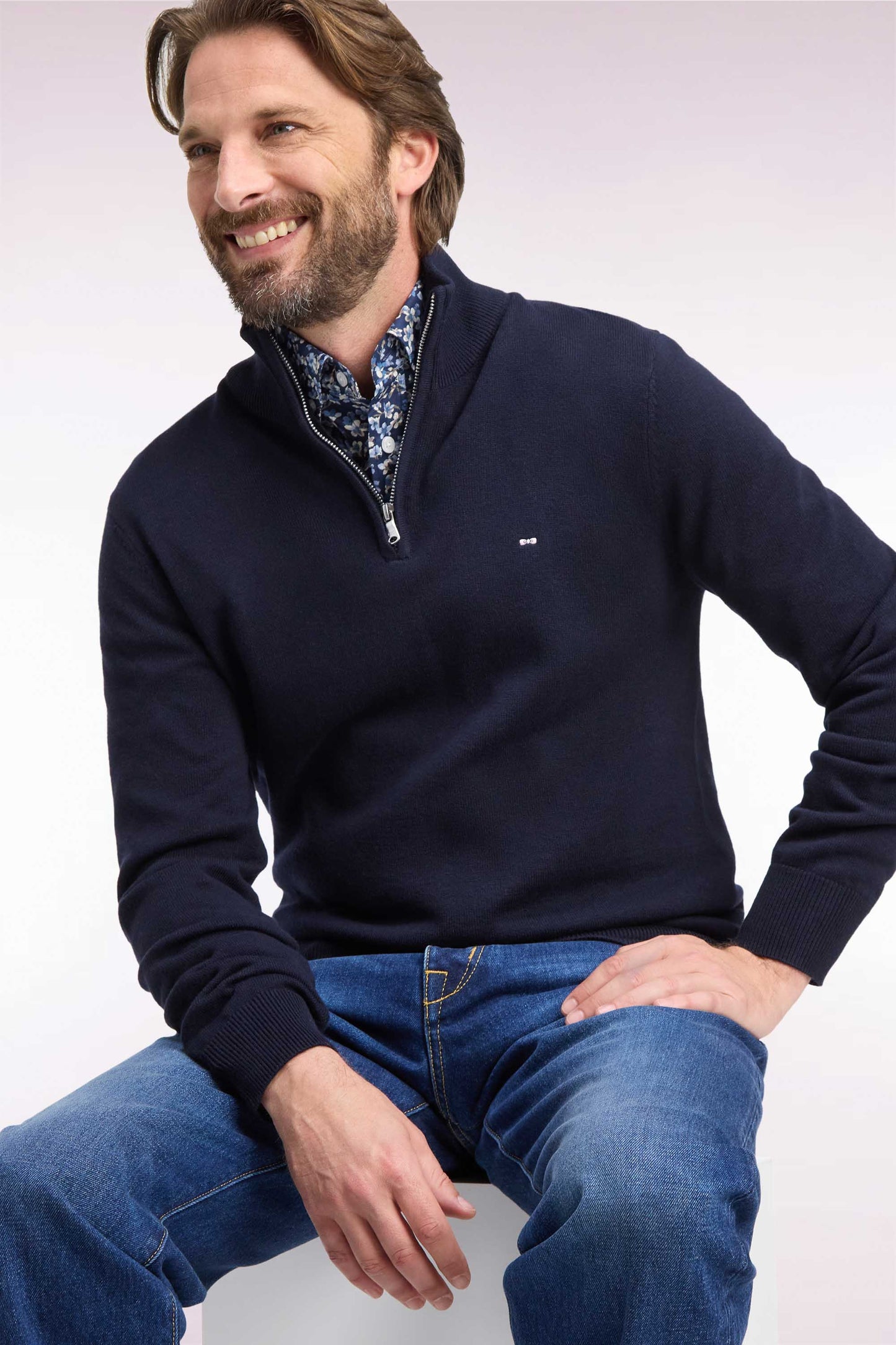 Pull col camionneur en laine et coton marine coupe droite