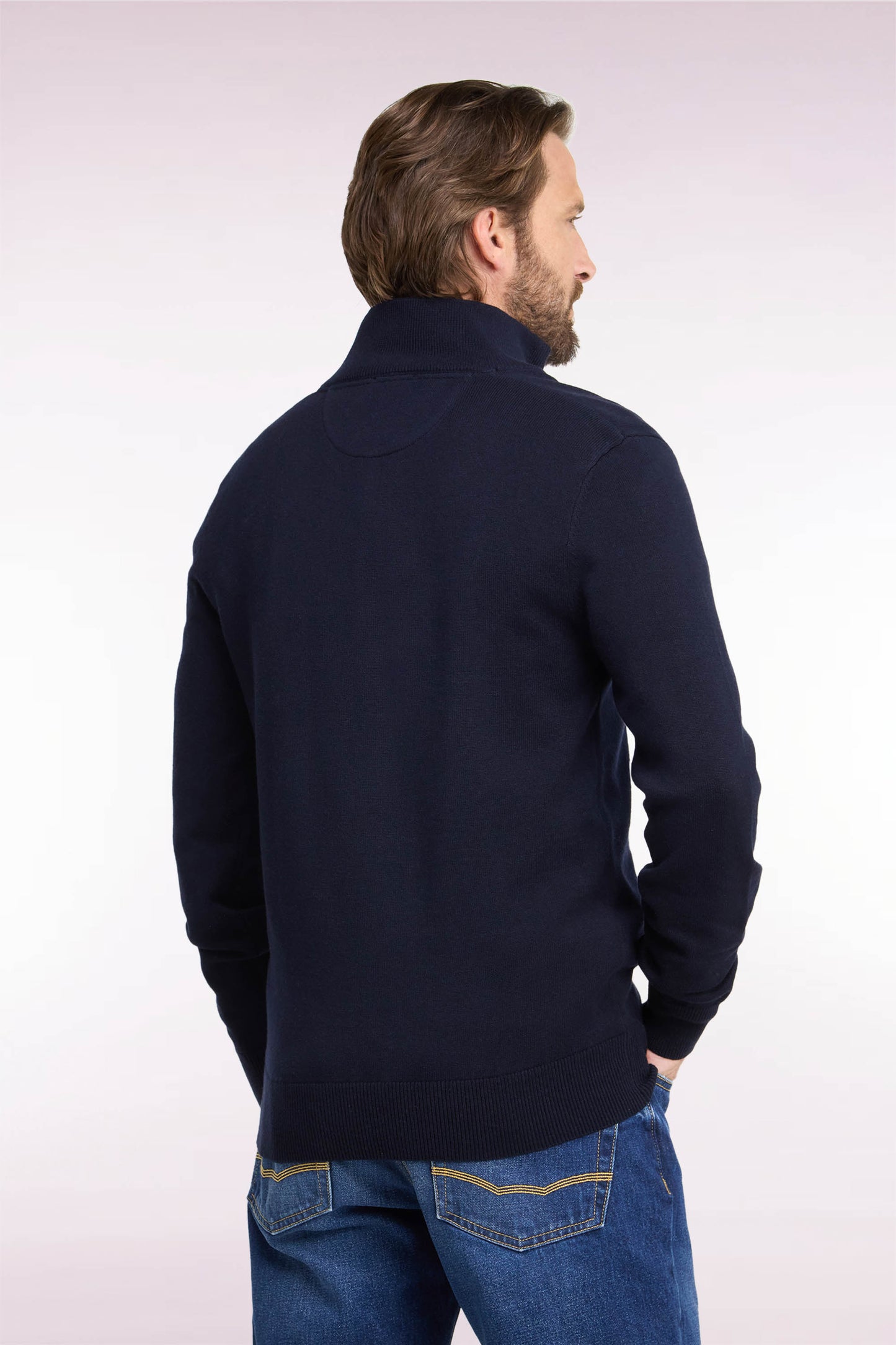 Pull col camionneur en laine et coton marine coupe droite