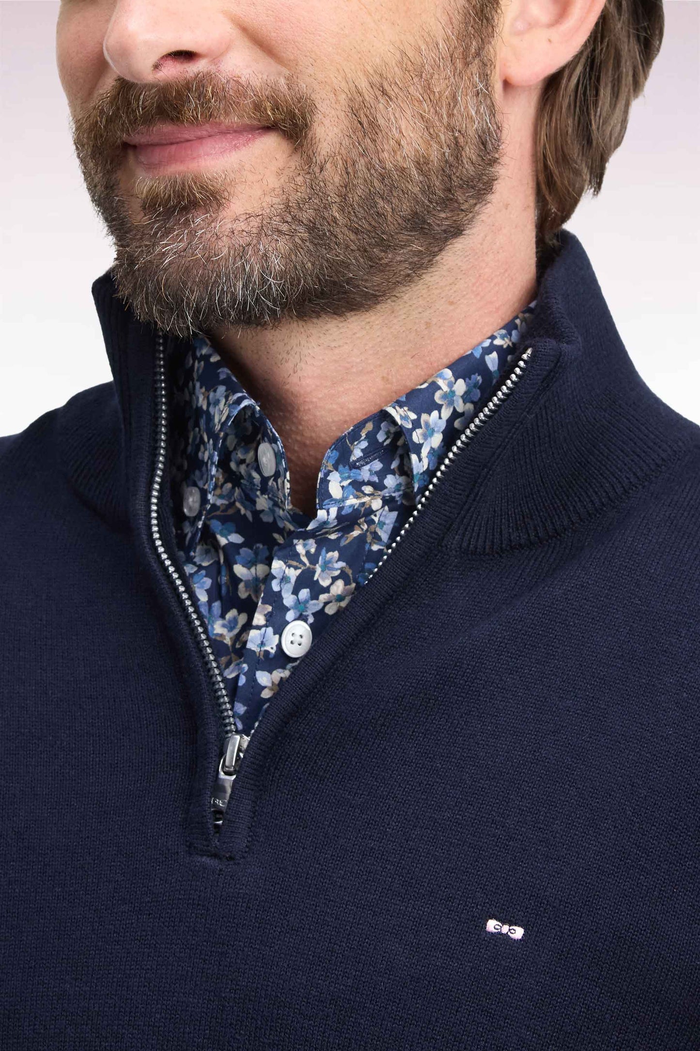 Pull col camionneur en laine et coton marine coupe droite
