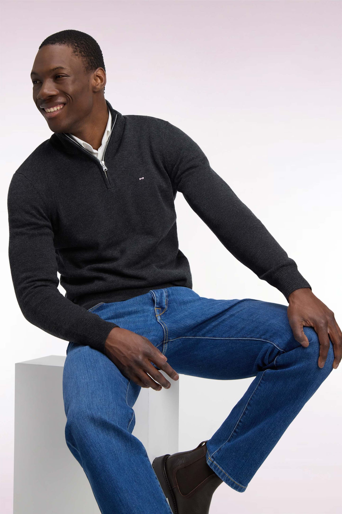 Pull col camionneur en laine et coton gris foncé coupe droite