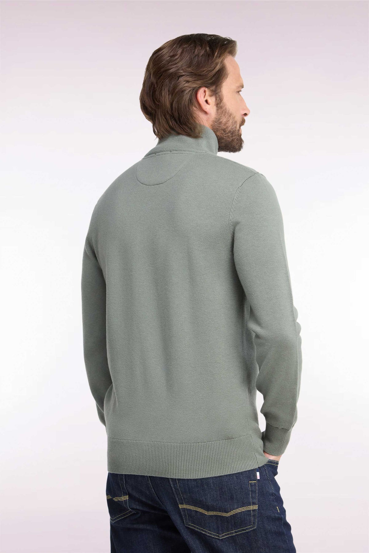 Straight cut olive green wool and cotton trucker neck sweater