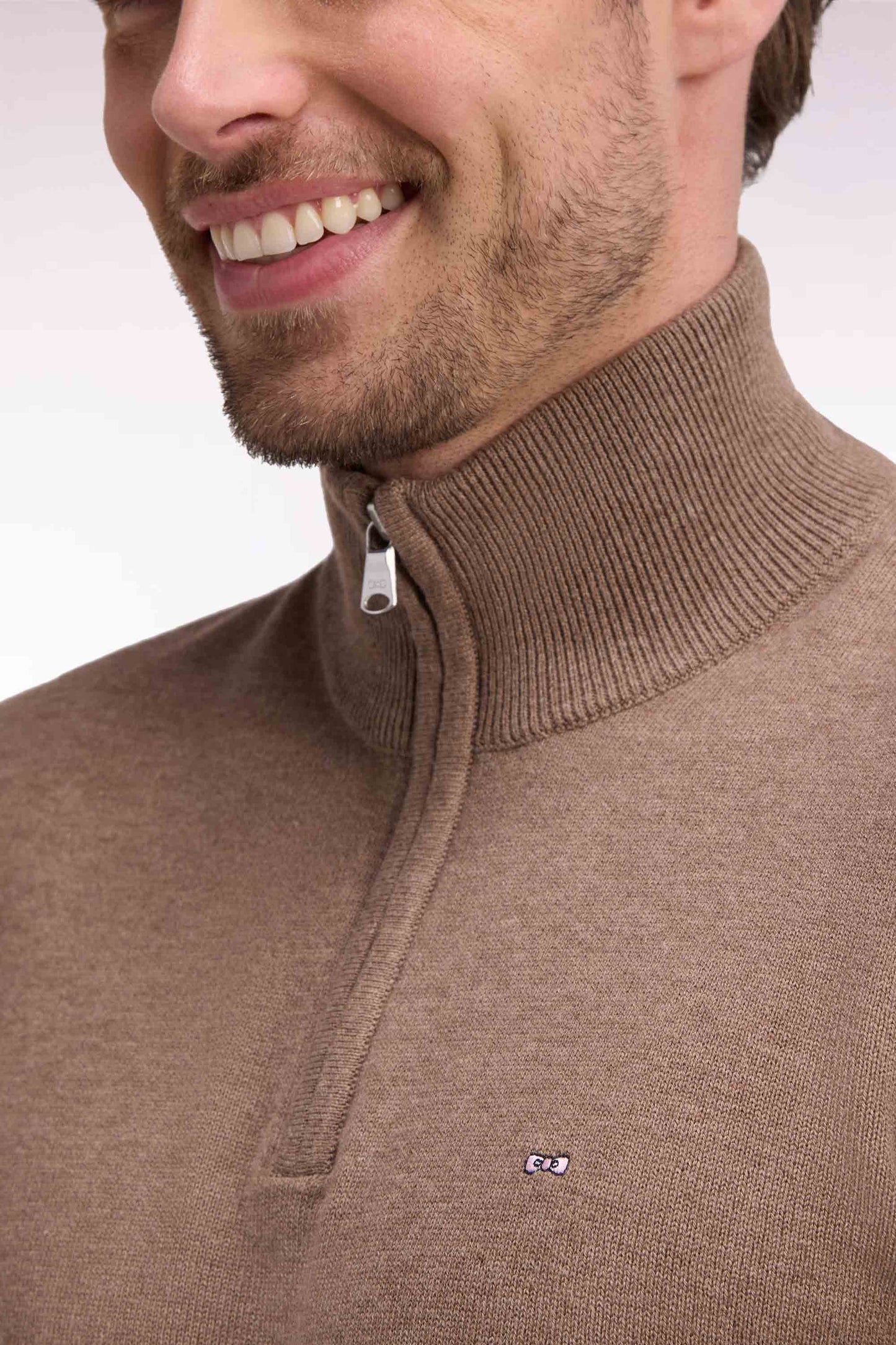 Pull col camionneur en laine et coton marron coupe droite
