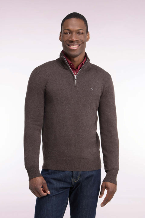 Pull col camionneur en laine et coton marron coupe droite - Image 3