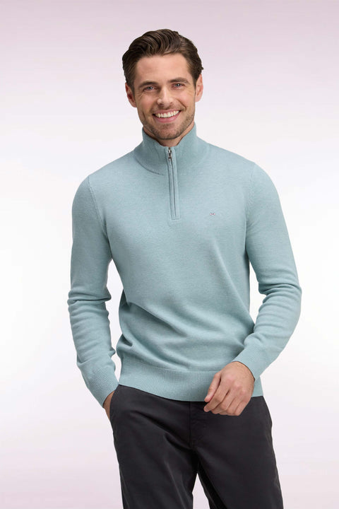 Pull col camionneur en laine et coton vert d'eau coupe droite - Image 1