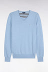 Pull col V en laine et coton ciel coupe droite