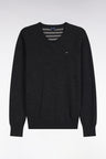 Pull col V en laine et coton gris foncé coupe droite