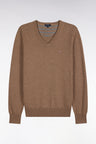 Pull col V en laine et coton marron coupe droite