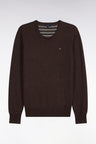 Pull col V en laine et coton marron coupe droite