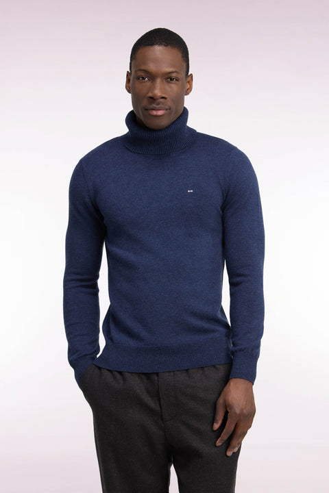 Pull col roulé en laine et coton bleu coupe droite - Image 3