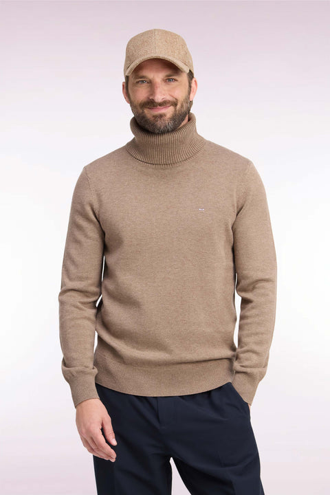 Pull col roulé en laine et coton marron coupe droite - Image 3