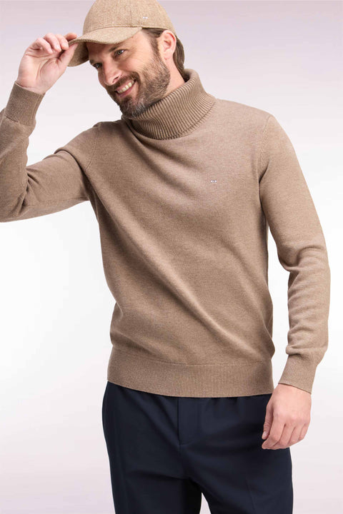Pull col roulé en laine et coton marron coupe droite - Image 1