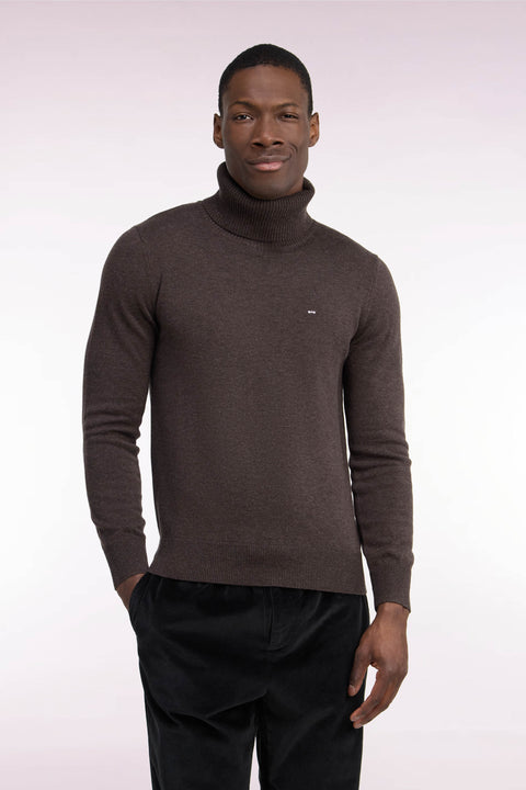 Pull col roulé en laine et coton marron coupe droite - Image 3