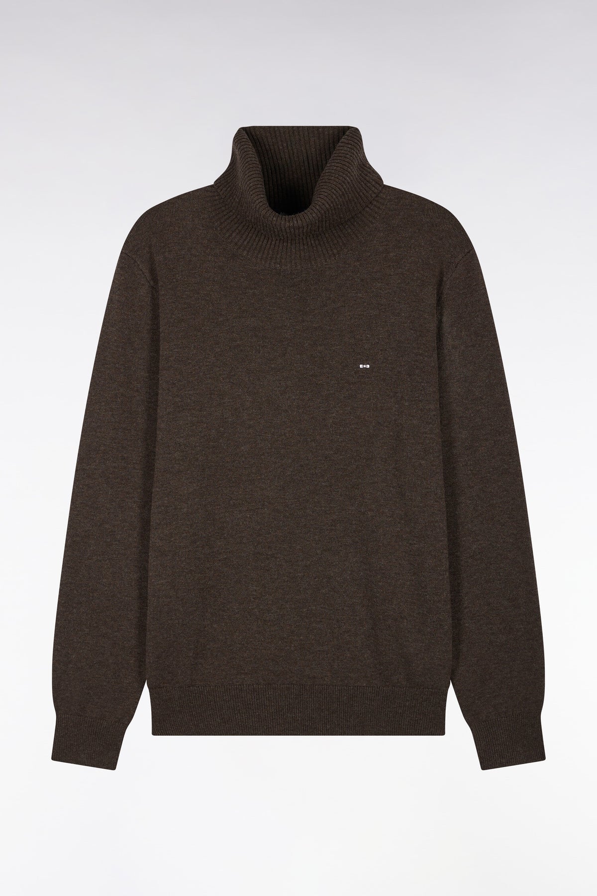 Pull col roulé en laine et coton marron coupe droite