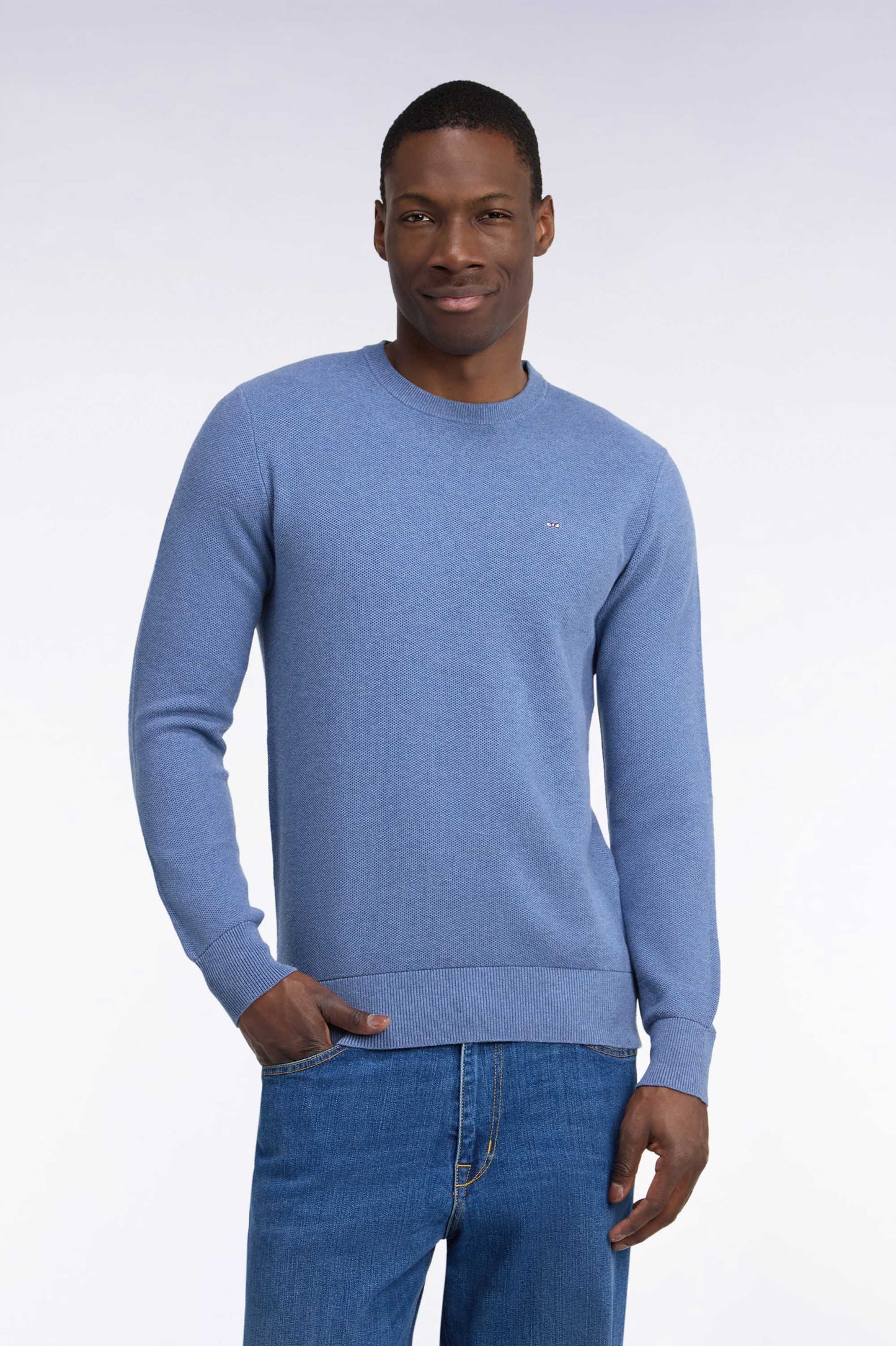 Pull col rond en coton bleu  coupe droite
