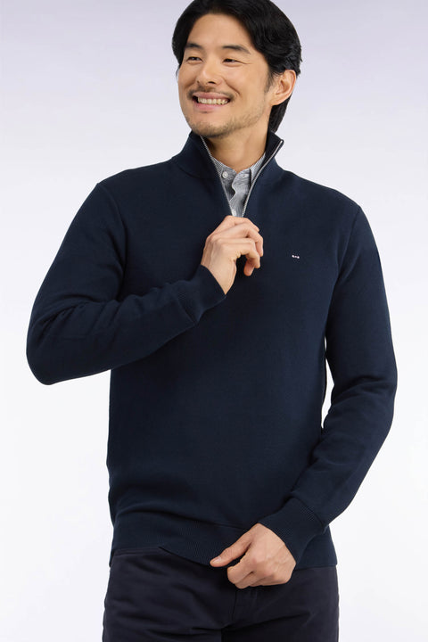 Pull col camionneur en coton marine coupe droite - Image 1
