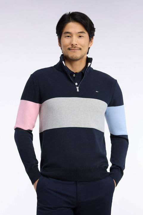 Pull à col camionneur en coton marine à découpe contrastée coupe droite - Image 3