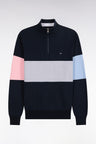 Navy Cotton Trucker Neck Sweater with Contrast Cutout Straight Fit