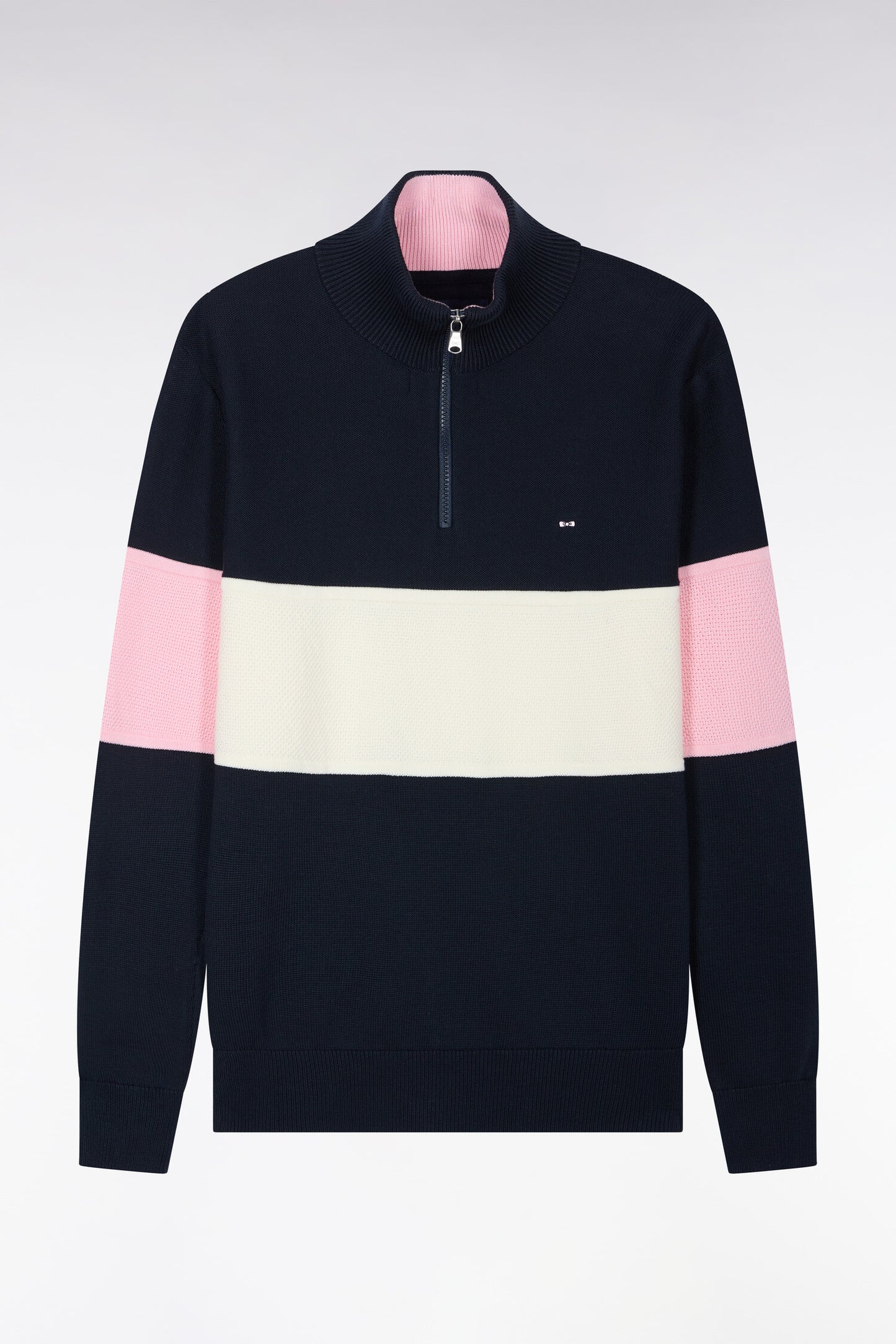 Pull à col camionneur zippé en coton marine à découpe tricolore coupe droite