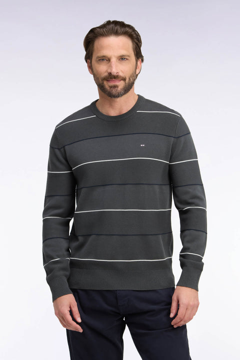 Pull à col rond en coton rayé kaki coupe droite - Image 3