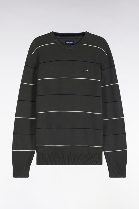 Pull à col rond en coton rayé kaki coupe droite - Image 2