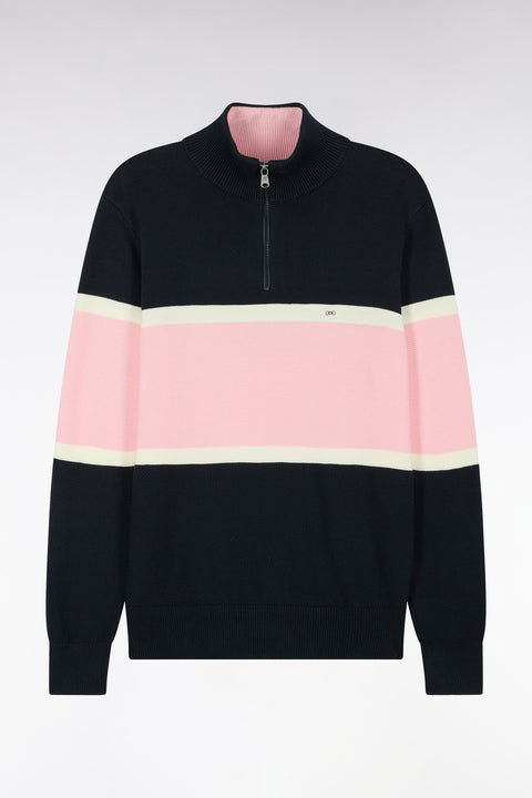 Pull à col camionneur en coton marine à découpes contrastées coupe droite - Image 2