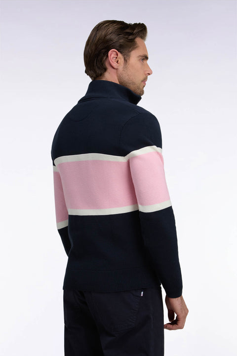 Pull à col camionneur en coton marine à découpes contrastées coupe droite - Image 3