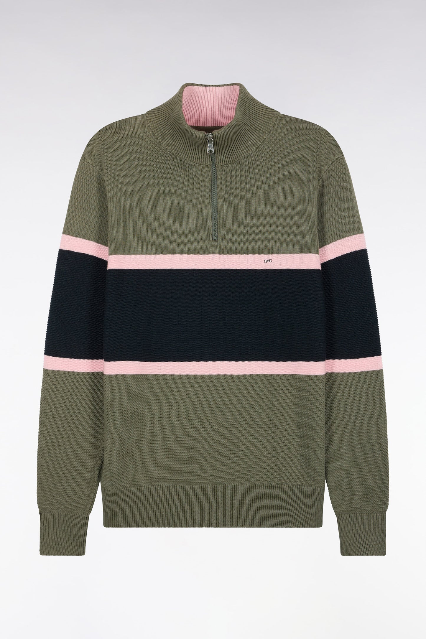 Pull à col camionneur en coton vert olive à découpes contrastées coupe droite