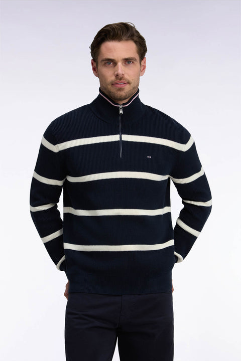 Pull rayé à col camionneur zippé en coton marine et écru coupe droite - Image 3