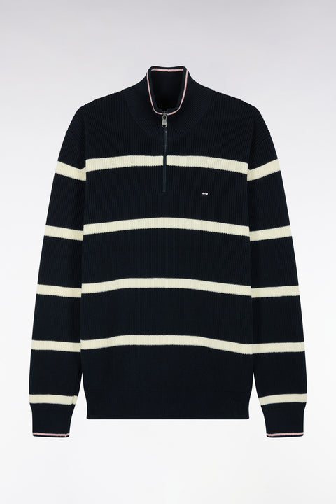 Pull rayé à col camionneur zippé en coton marine et écru coupe droite - Image 2
