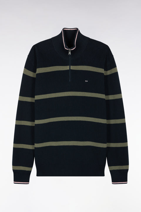Pull rayé à col camionneur zippé en coton marine et kaki coupe droite - Image 2